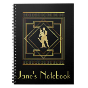 Caderno Espiral Preto do art deco e 1920 gatsby do flapper do ouro