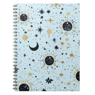 Caderno Espiral Preto, Dourado e Azul Sol Lua Estrelas Celestiais