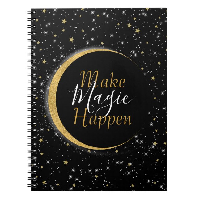 Caderno Espiral Preto & Dourado Estrelas Lua Celestial Mágica Luna (Frente)