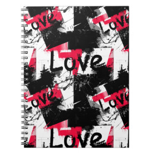 Caderno Espiral Preto e branco com pontos vermelhos padrões de amo