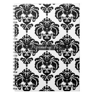 Caderno Espiral Preto e Branco Padrão Chic de Damasco Moderno Eleg