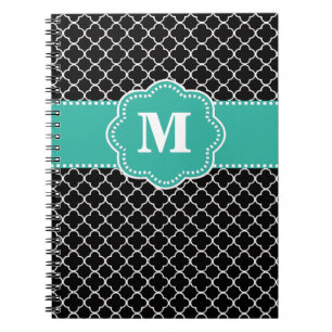 Caderno Espiral Preto e cerceta Quatrefoil Monoagram