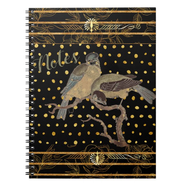 Caderno Espiral Preto e Dourado com Pássaro (Frente)