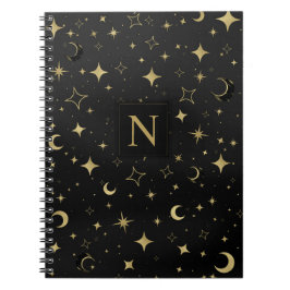 Caderno Espiral Preto e Dourado Moderno Celestial Lua Estrelas Cas