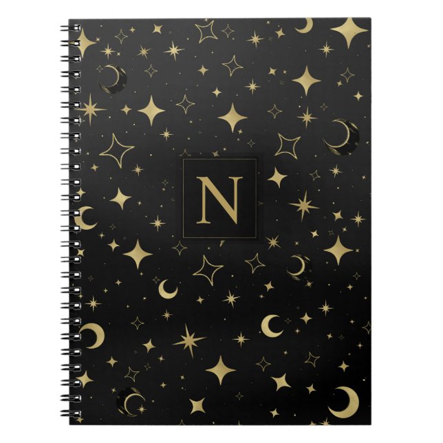 Caderno Espiral Preto e Dourado Moderno Celestial Lua Estrelas Cas (Frente)