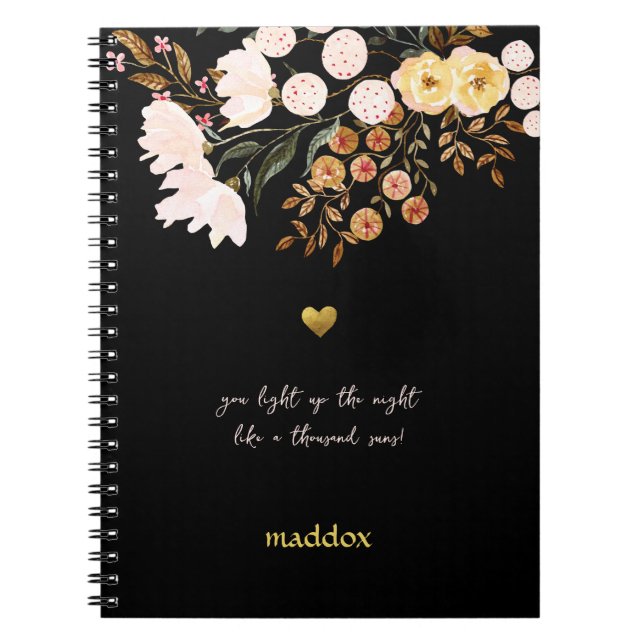 Caderno Espiral Preto e Floral Personalizados (Frente)