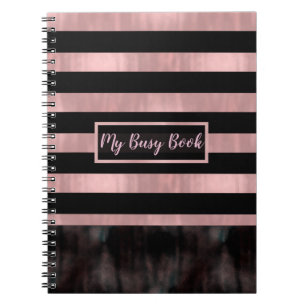 Caderno Espiral Preto e Rosa Dourado Listras Glam Moderno