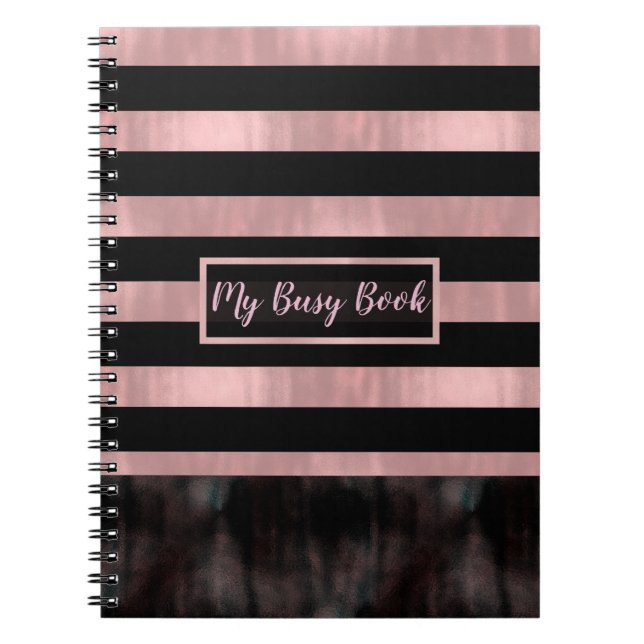Caderno Espiral Preto e Rosa Dourado Listras Glam Moderno (Frente)