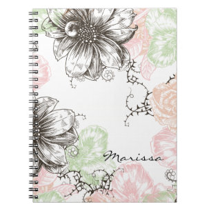 Caderno Espiral Preto gráfico do rosa das flores do vintage flora