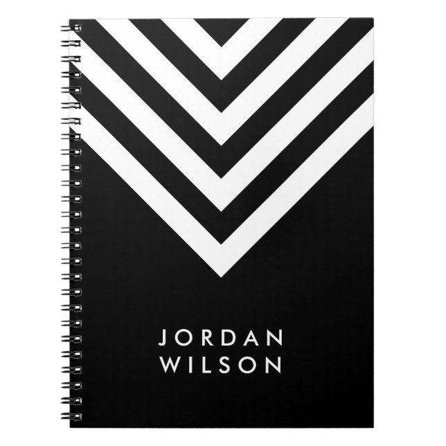 Caderno Espiral Preto Minimalista Moderno com Chevron Branco (Frente)
