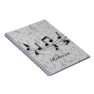 Caderno Espiral Preto personalizado e notas musicais cinzentas