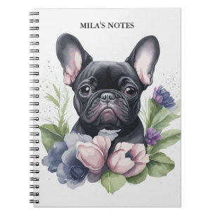 Caderno Espiral Preto Personalizado Francês Pug Cachorro Aquarela