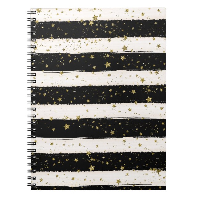 Caderno Espiral Preto White Watercolor Strike Douradas Estrelas da (Frente)