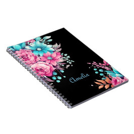 Caderno Espiral Pretty Black with Pink & Teal Watercolor Florals