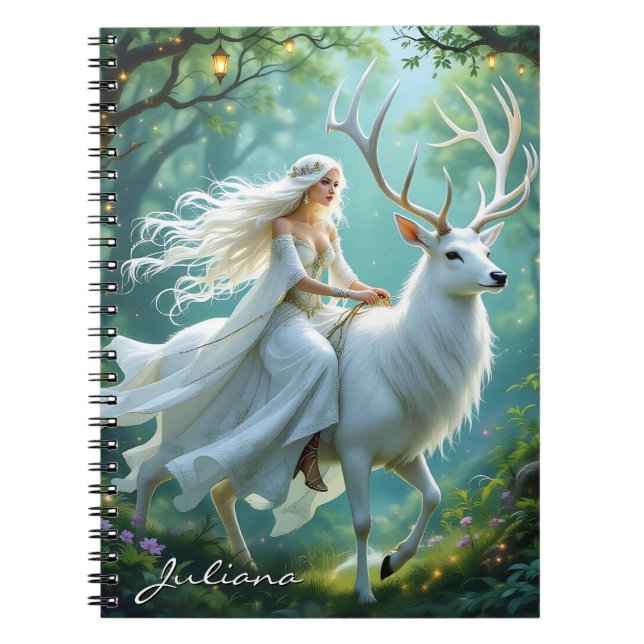 Caderno Espiral Pretty Fairy and White Deer in Enchanted Forest (Frente)