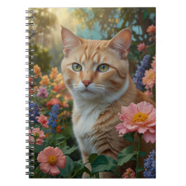 Caderno Espiral Pretty white orange cat in floral garden