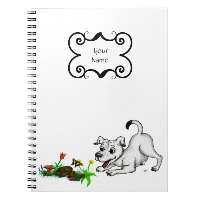 Caderno Espiral Primavera acordado, cachorrinho com borboleta (Frente)