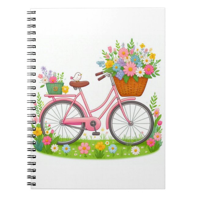 Caderno Espiral Primavera Bicicleta com Flores e Pássaro (Frente)