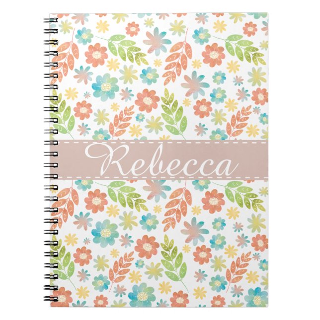 Caderno Espiral Primavera Floral e deixa Bonito padrão de aquarela (Frente)