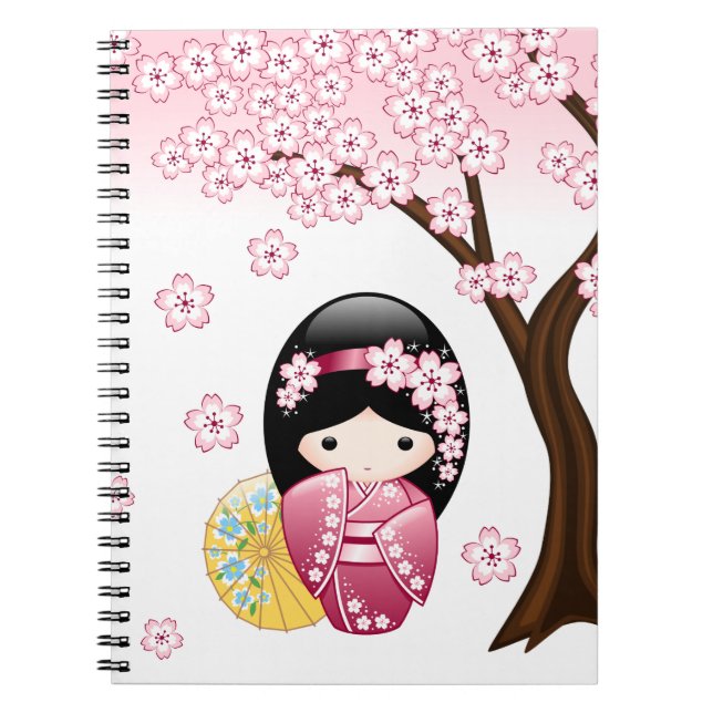 Caderno Espiral Primavera Kokeshi Doll - Garota Geisha Japonesa Bo (Frente)
