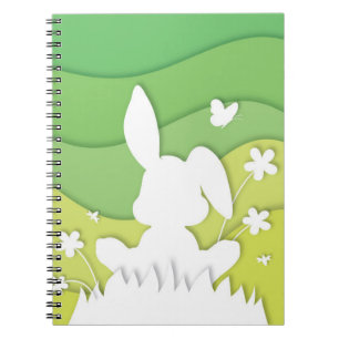 Caderno Espiral Primavera paisagem, coelho da Páscoa sobre grama