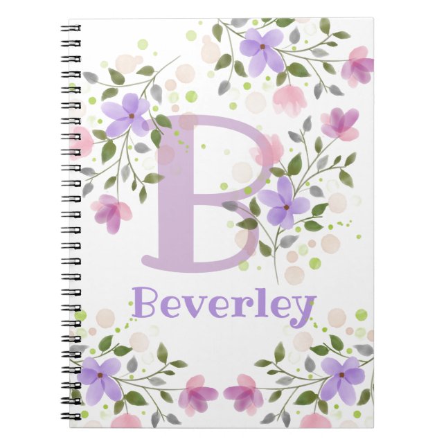 Caderno Espiral Primeira Inicial Mais Nome Beverley com Flores (Frente)