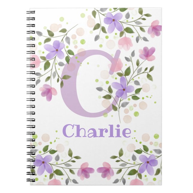 Caderno Espiral Primeiro Nome de Plus Inicial Charlie com Flores (Frente)