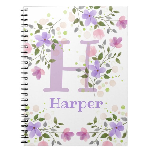 Caderno Espiral Primeiro Nome de Plus Inicial Harper com Flores (Frente)