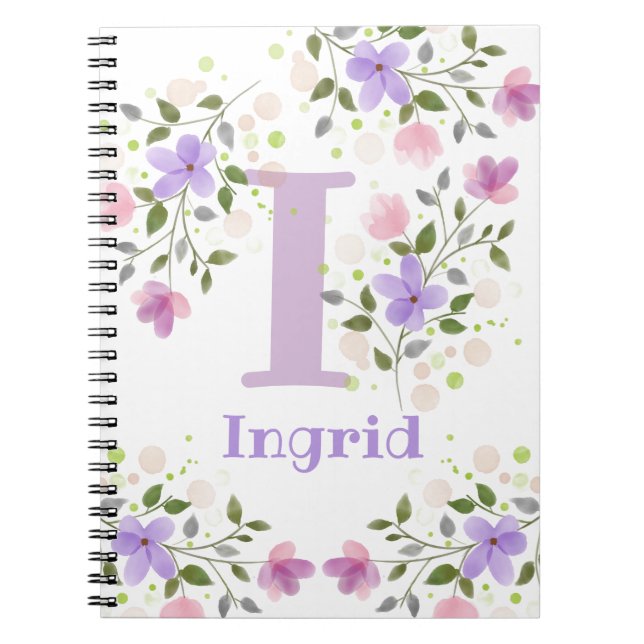 Caderno Espiral Primeiro Nome de Plus Inicial Ingrid com Flores (Frente)