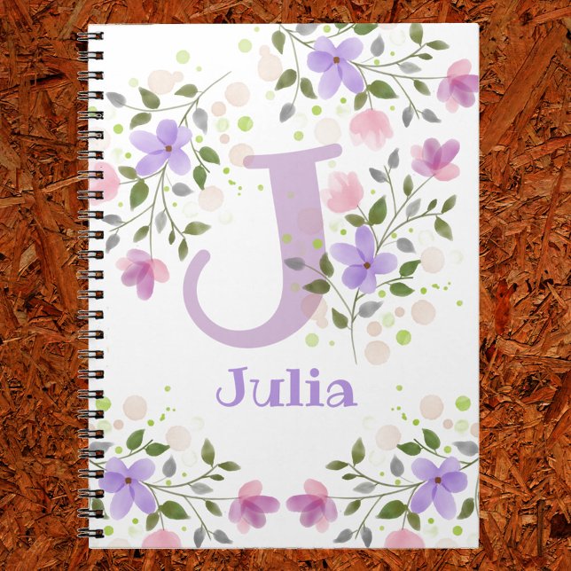 Caderno Espiral Primeiro Nome Inicial Mais Julia com Flores (Criador carregado)