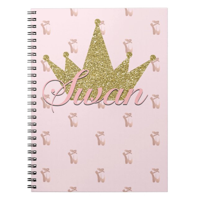 Caderno Espiral Princesa Cisne Coroa Glitter Dourado Glam (Frente)