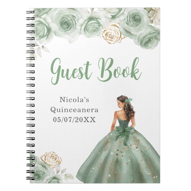 Caderno Espiral Princesa em Sage Green Quinceanera Guest Book (Frente)