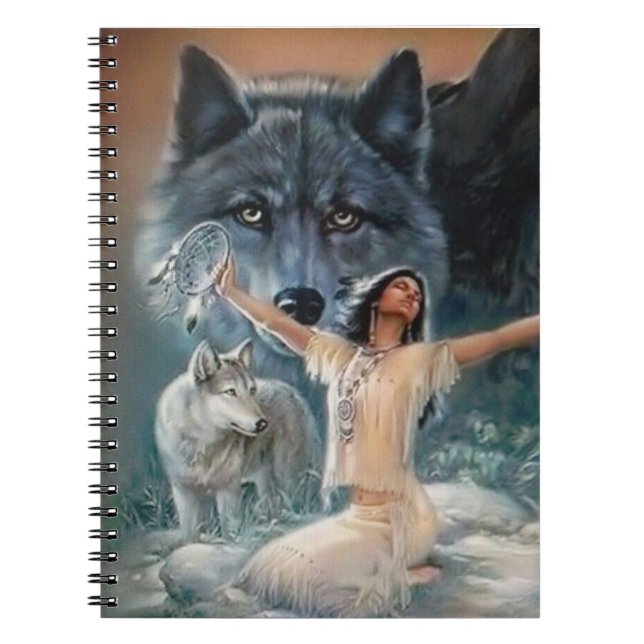 Caderno Espiral Princesa Nativa com Lobos e Dream Catcher (Frente)