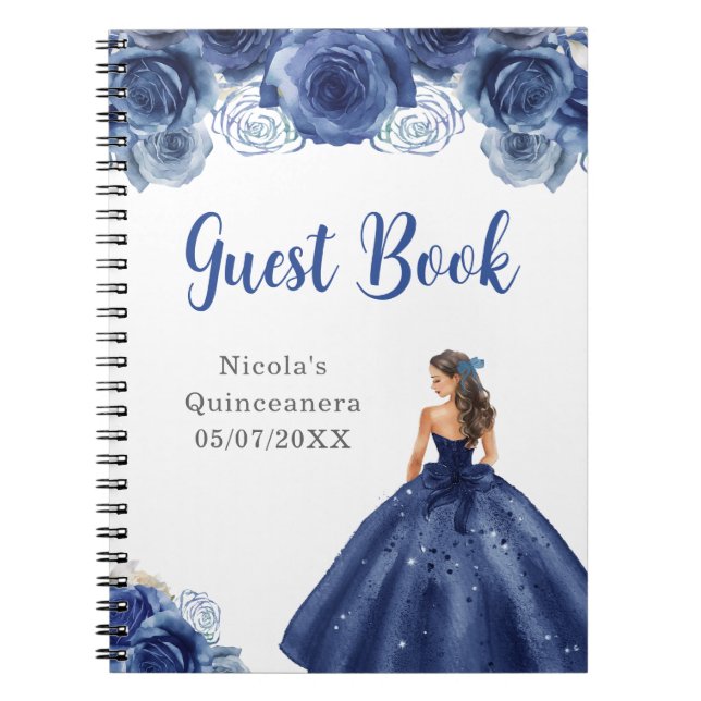 Caderno Espiral Princesa no Marinho Blue Quinceanera Guest Book (Frente)