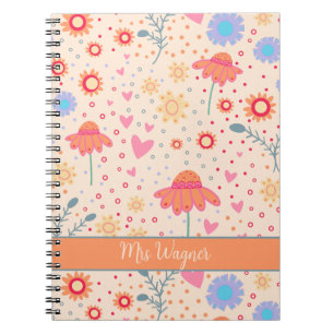 Caderno Espiral Professor de Corações Florais Bonito Personalizado