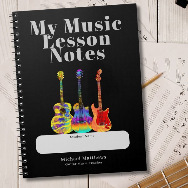 Caderno Espiral Professor de Violão Lições Musicais Personalizado (Guitar teacher custom student notebook for music lesson notes Colorful psychedelic guitar artwork)