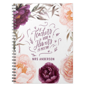 Caderno Espiral professor elegante floral roxo e rosa