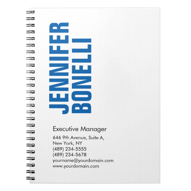 Caderno Espiral Profissional minimalista moderno ousado azul branc (Frente)