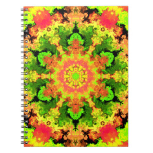 Caderno Espiral Psicodélico Flor de Hippie Verde Laranja e Vermelh