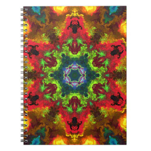 Caderno Espiral Psicodélico Flor de Hippie Verde Vermelho e Laran