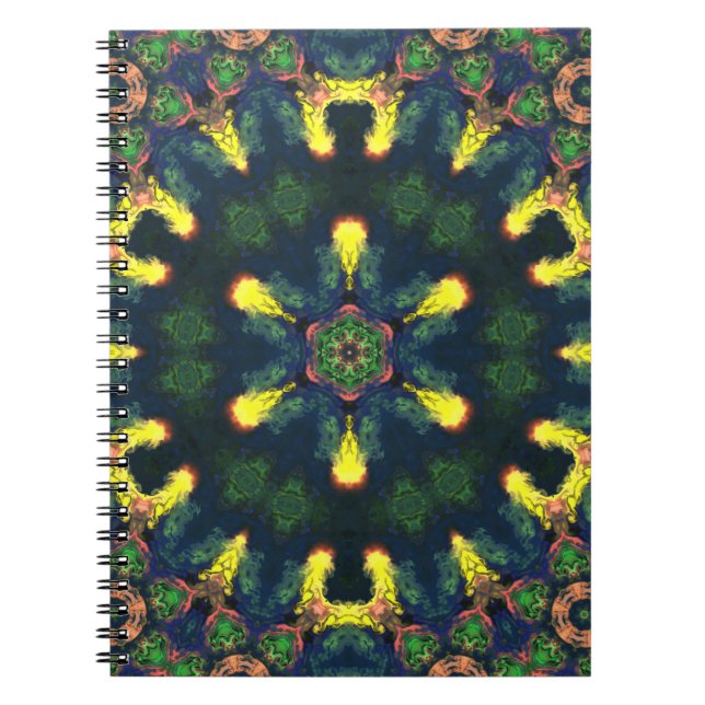 Caderno Espiral Psicodélico Mandala Amarelo Azul e Verde (Frente)