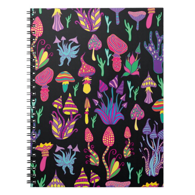 Caderno Espiral Psicodélicos Cogumelos Arco-Íris Padrão (Frente)
