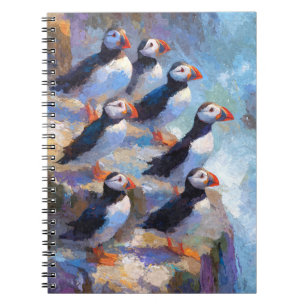 Caderno Espiral Puffins Coletando Pintura de Cliff Costeiro
