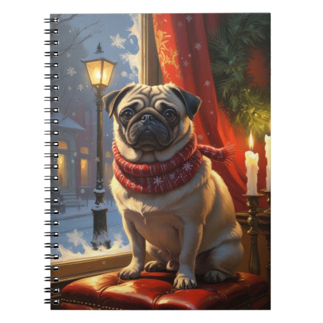 Caderno Espiral Pug com Férias das Luzes de Natal (Frente)