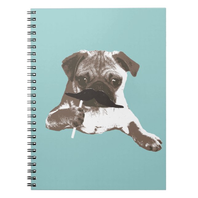 Caderno Espiral Pug engraçado do bigode (Frente)
