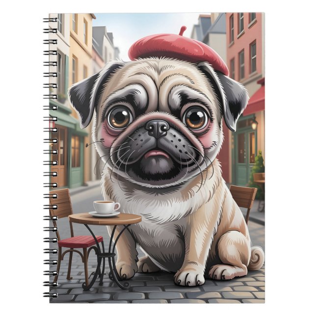 Caderno Espiral Pug Parisiense em Café na Calçada (Frente)