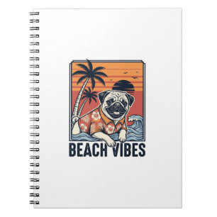 Caderno Espiral Pug Vibrações da Praia Design de Gravura Vintage_1