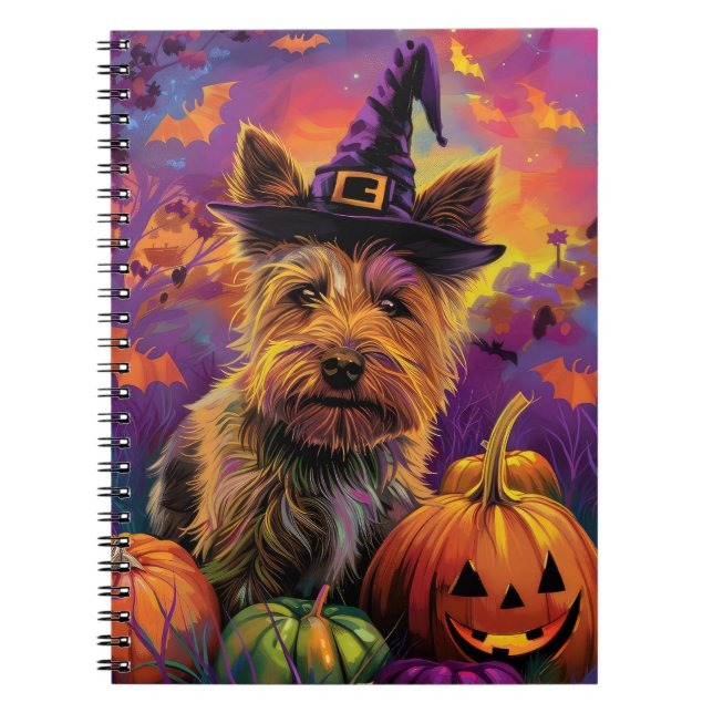 Caderno Espiral Pumpkin de Bruxa de Terrier Halloween, australiano (Frente)