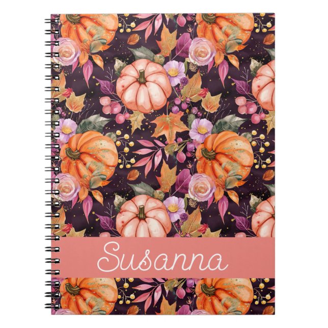 Caderno Espiral Pumpkin elegante e flores caem (Frente)