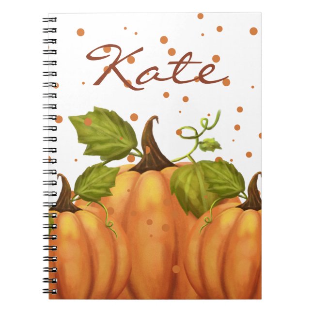Caderno Espiral Pumpkin Fall Autumn Orange Nome Personalizado Wate (Frente)